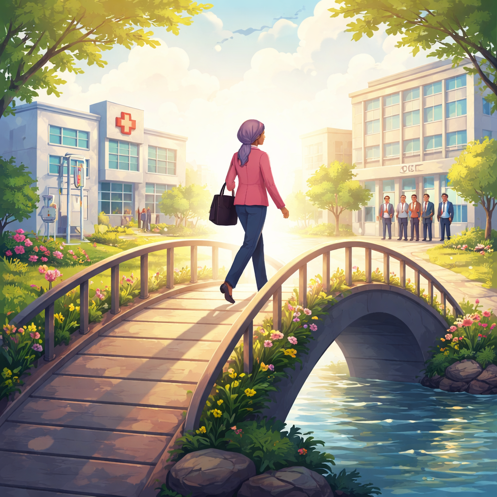 A woman wearing a scarf crosses a bridge from a medical setting to a workplace setting.