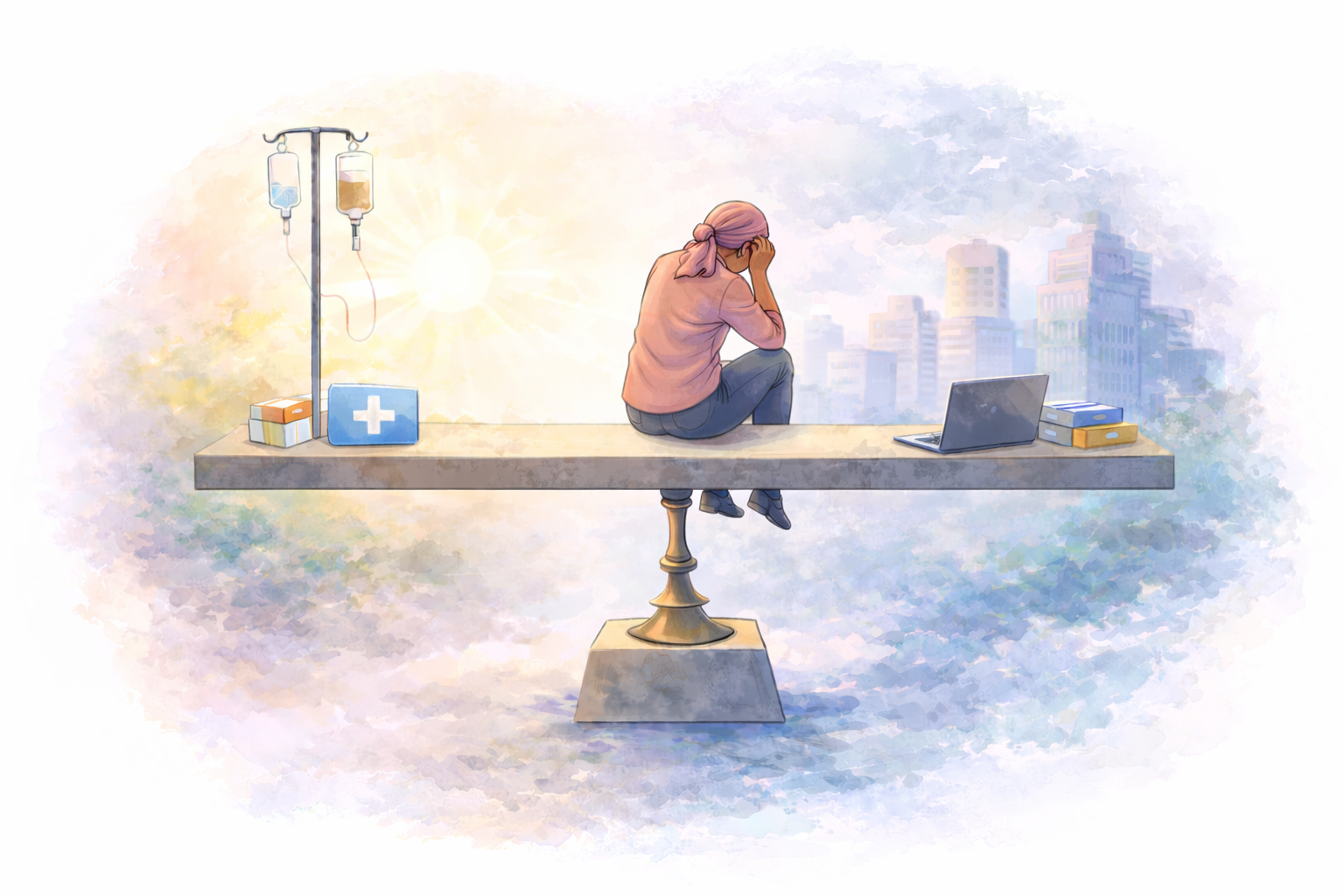A woman in a headscarf sits thoughtfully on a balance beam between medical care and work responsibilities, symbolizing the strain of maintaining employment during treatment.